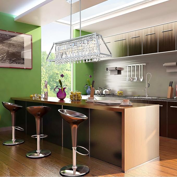 Crystal Chandelier Light for Dining Room, 4-Light Trapezoidal Industrial K9 Crystal Pendant Lights with Metal Frame Pendant Lamp for Kitchen Island Living Room Entryway (Chrome)