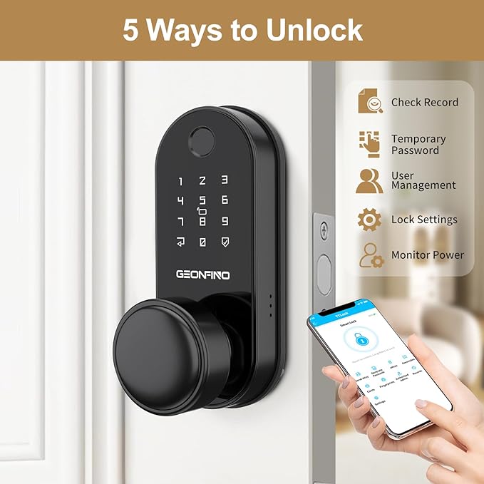 GEONFINO Smart Door Lock with Knob, Keyless Entry Door Lock with Handle, Black Digital Deadbolt for Home