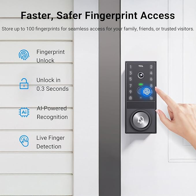 TCL Video Smart Lock D1 Max, 3-in-1 2K Camera+Doorbell+Fingerprint Door Lock, Built-in Wi-Fi Deadbolt for Front Door, Keyless Entry, Auto Lock, App Remote Control, Easy Installation
