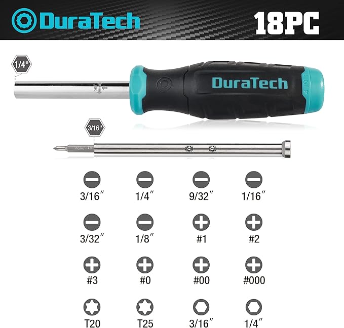 DURATECH Multi-bit Screwdriver Set, 18-in-1 Screwdriver with T-bar and Precision Screwdriver Stored in Shaft, Phillips/Slotted/Torx/Square, Professional All in One Tool Kit for Repairing