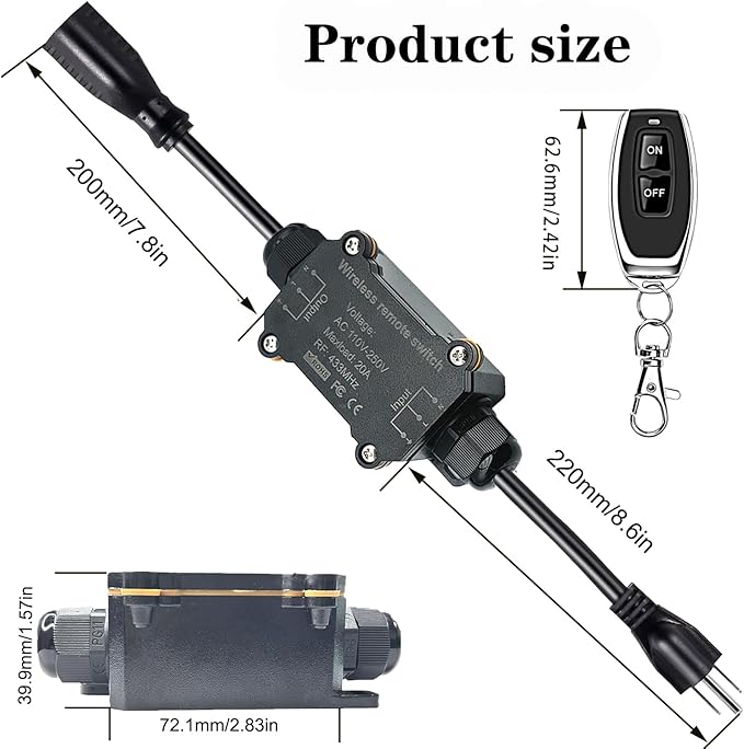 AC110V Waterproof Remote Control Power Switch with 164ft Long Range,AC110V/120V/250V/20A Wireless Remote Switch with Outdoor Weatherproof Smart Outlet for asmonitor, Printer, Speakers ECS