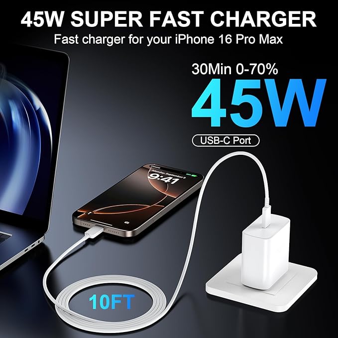 Phone 16 Pro Max Charger Fast Charging, 45W USB C Phone 16 Super Fast Charger Block with 10ft Long Type C Charging Cable Cord for Phone 16/16 Pro/16 Pro Max/16 Plus, 15/15 ProMax/Pro/Plus-White+Purple