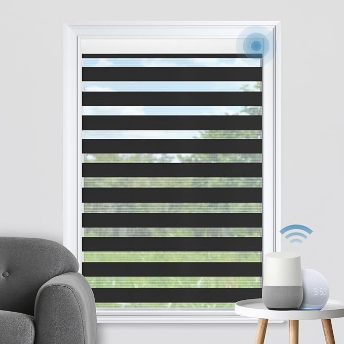 DENFOON Motorized Zebra Blinds, Solar Powered Dual Layer Automatic Shades with Remote Control, Rechargeable Smart Blinds Horizontal Wireless Electric Shades for Windows, Custom Size, White