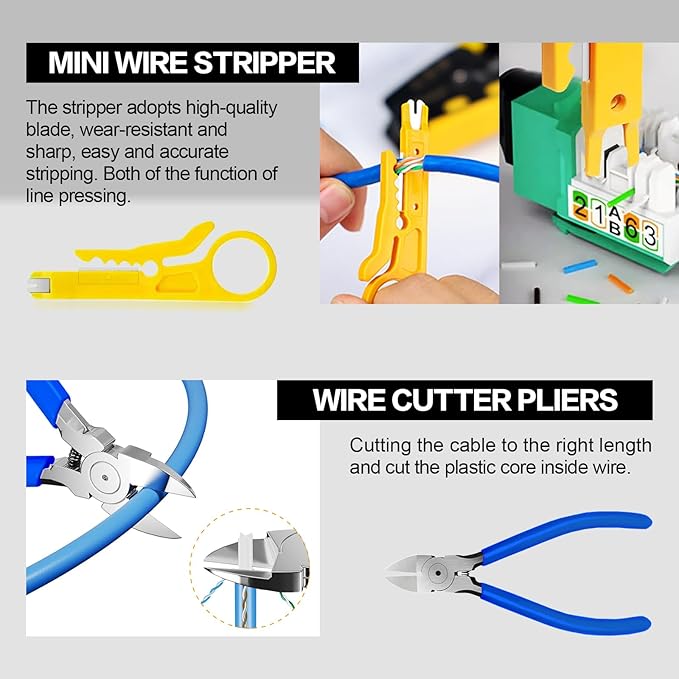 RJ45 Crimp Tool Pass Through Crimper RJ45 Crimping Tool Stripper Cutter Crimper for 8P RJ45 Cat5 Cat5e Cat6 6P RJ11/12 Telephone Connectors Network Enthernet Crimper kit (1)