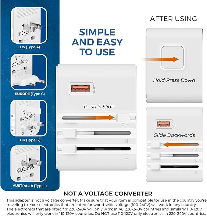 OREI 25Watt Universal Travel Adapter | 2X USBC 1XUSB A - 4-in-1 Universal Power Adapter | Universal Chargers for All Devices compatible 150+ Countries | Type C, A, G, I Compatible