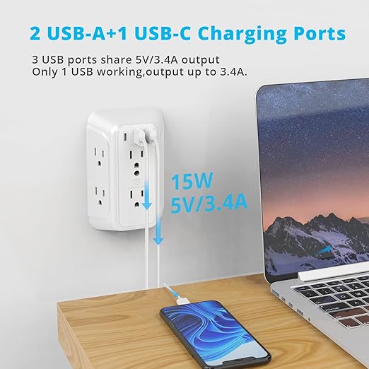 [2-Pack] USB Wall Charger,Surge Protector,6 Outlet Extender with 3 USB Charging Ports(1 USB C Outlet,3.4A) 900J Power Strip Multi Plug Outlets,Wall Mount Power Strip for Home Travel Office ETL Listed