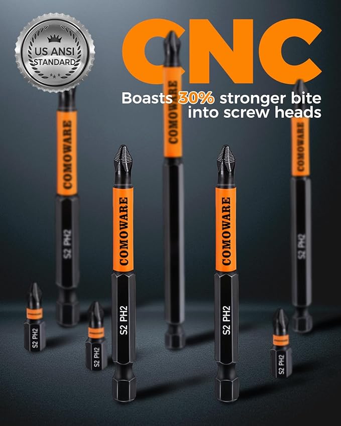 COMOWARE 12pcs Phillips Head Drill Bits #2, S2 Steel 1/4" Hex Bit Set, Anti Slip Screwdriver Bits, 1-6" Length, CNC Tip Magnetic Drill Bit, Impact Hex Bitss Sets For Electronic Devices Disassembly