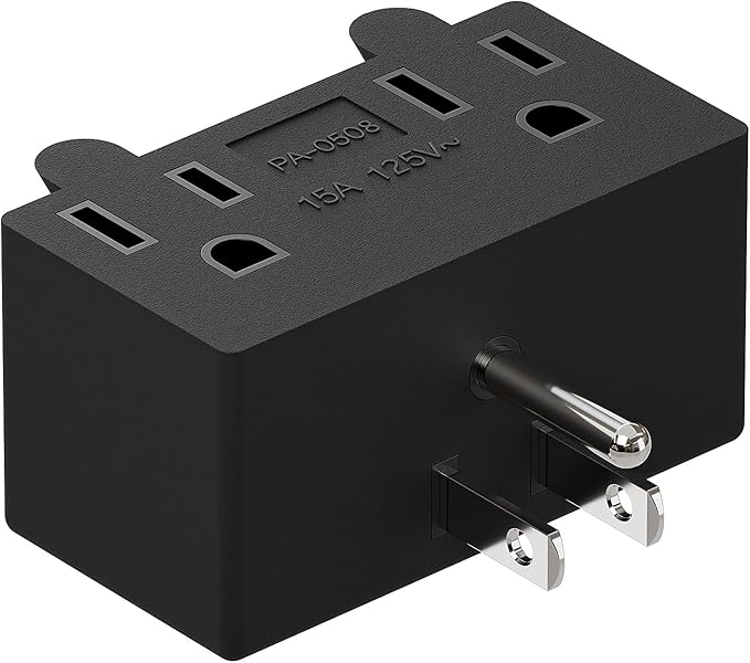 PA-0508 90 Degree Right Angled USA Male-Female Power Adapter, 5-15P to 2 * 5-15R Direction Changer Space Save Adapter Black