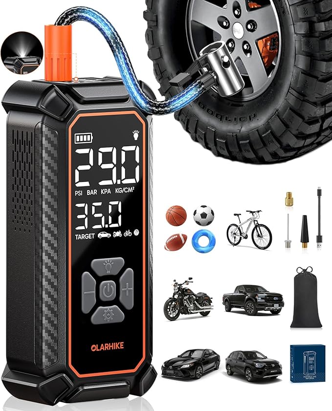 OlarHike Cordless Tire Inflator Portable Air Compressor, Air Pump for Car Tires, SUV, Pickup Truck, Bike, Motorcycle, Balls, Electric Pump with LED Light, Digital Pressure Gauge&Auto Shut-Off