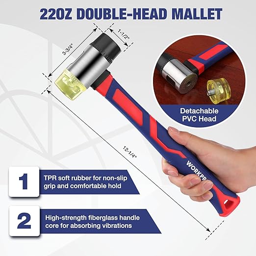 WORKPRO Laminate Flooring Installation Kit - Rubber Mallet with Fiberglass Handle, Knee Pads, Heavy Duty Pull Bar, Solid Tapping Block and Spacers - Premium Wood Flooring Installation Tool