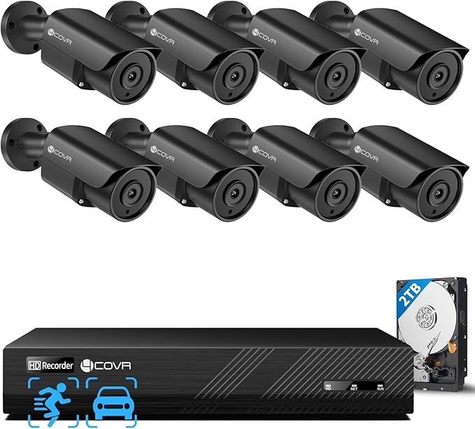 4COVR NVR Security Camera System, 8CH 4K H.265 NVR with 2TB HDD, AI Human Vehicle Detection & Night Vision, 8Pcs 5MP Commercial IP67 Bullet PoE IP Camera Built-in Mic, 24/7 Recording, LY37EB5M0808