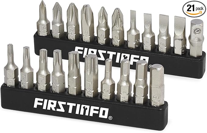 FIRSTINFO H5199A Screwdriver Bit Set | S2 Alloy Steel | 1/4" Hex Head 25mm Long, 21 Pieces with Phillips, Hex, Star, Flat