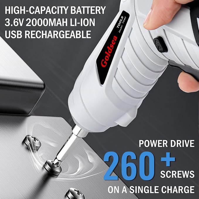 Electric Screwdriver Cordless, Goldsea Powered Screwdriver Set with 10 Magnetic Bits tool kit for college students,Portable Rechargeable Screw driver Tool Set for Dorm Home DIY(4.2v, 3.5n.m, White)