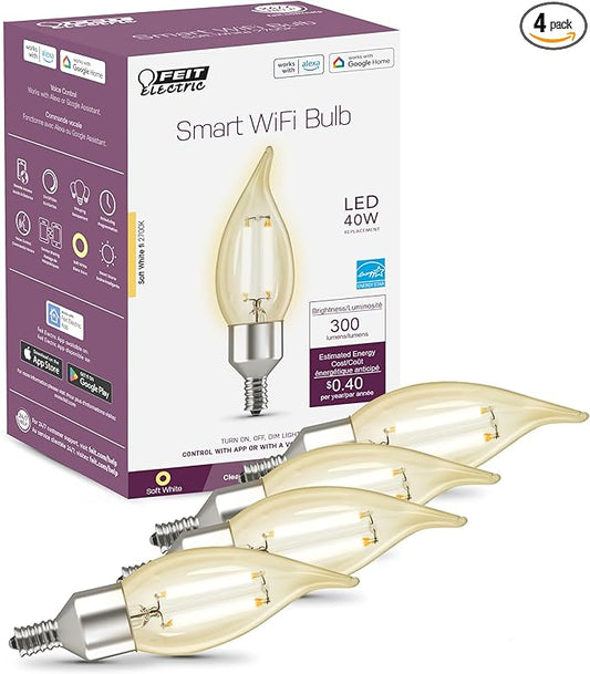 Feit Electric Smart LED Candle Wifi Bulb, Works with Alexa or Google Assistant, E12 base, No Hub, Flame Tip Filament Chandelier Light Bulb, 2700K Soft White, 4 Pack CFC40/927CA/FIL/AG/4