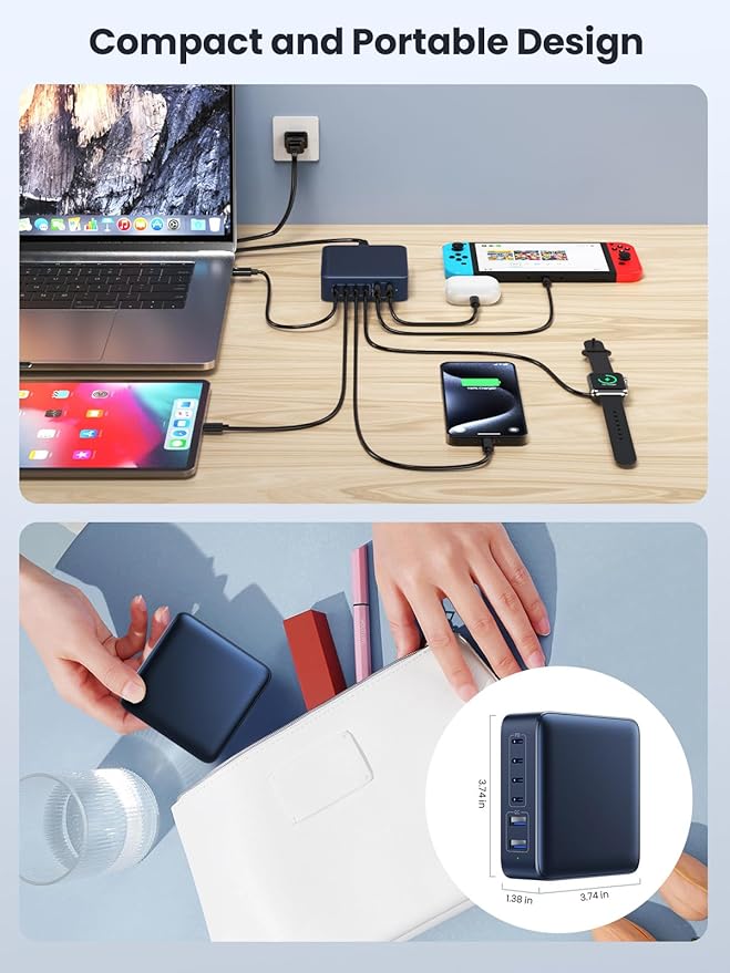 200W USB C Charger Block,Upgraded GaN IV 6-Ports USB C Charger,Fast Charging Station Hub,PD 65W Laptop Charging Compatible with DELL HP MacBook Pro/Air/iPad,iPhone 16/15/14,Galaxy S24-Dark Blue