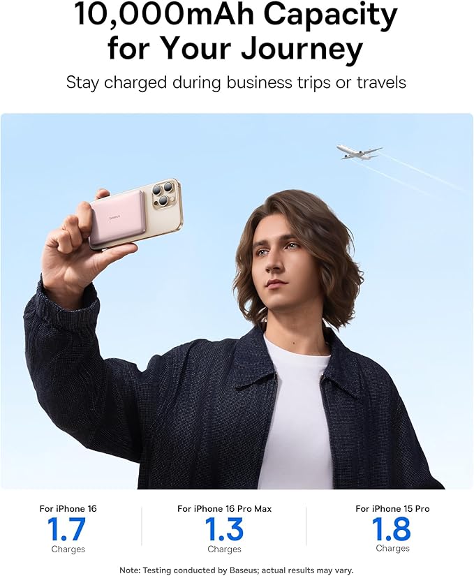 Baseus Picogo Magsafe Portable Charger, Qi2 Certified 0.5" Ultra Slim 15W Wireless Power Bank, 10000mAh 27W Fast Charging Magnetic Battery Pack with USB-C for iPhone 16/15/14/13/12 Series Only