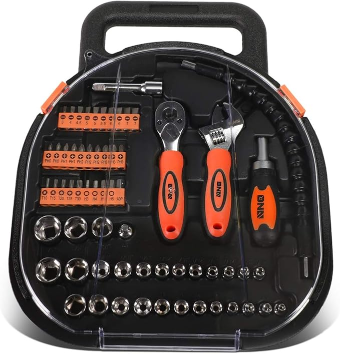 DNA MOTORING 64pcs Mechanic's Auto & Home Repair Tool Box, Screwdriver Bit Tool Set, SAE and Metric Socket Wrench Set, Orange/Black, TOOLS-00026