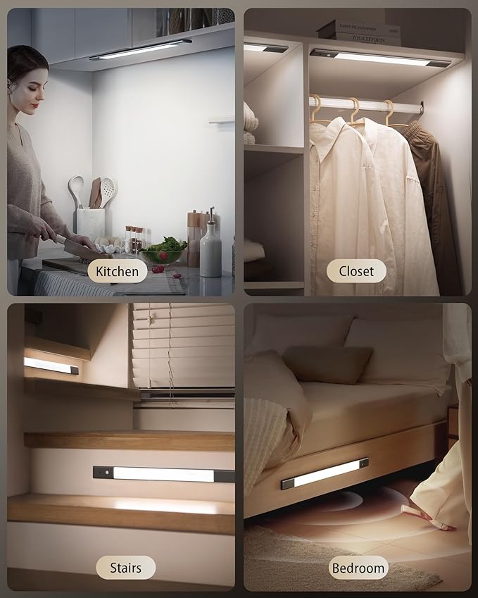 EZVALO Under Cabinet Lighting, Motion Sensor Lights with 2 Detachable Batteries, 76 LED Dimmable Closet Lights, 3 Color Temps, Under Counter Lights for Kitchen, Wardrobe