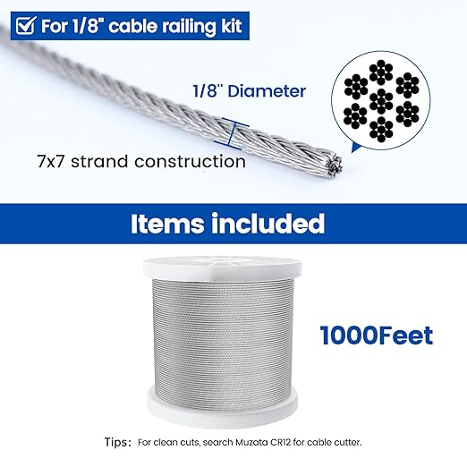 Muzata 1000 ft 1/8" Stainless Steel Cable Railing System Hardware T316 Stainless Steel Wire Rope 7x7 Strands 1800 lb Breaking Strength Deck Cable Railing Kit for Indoor Outdoor Coastal WR02