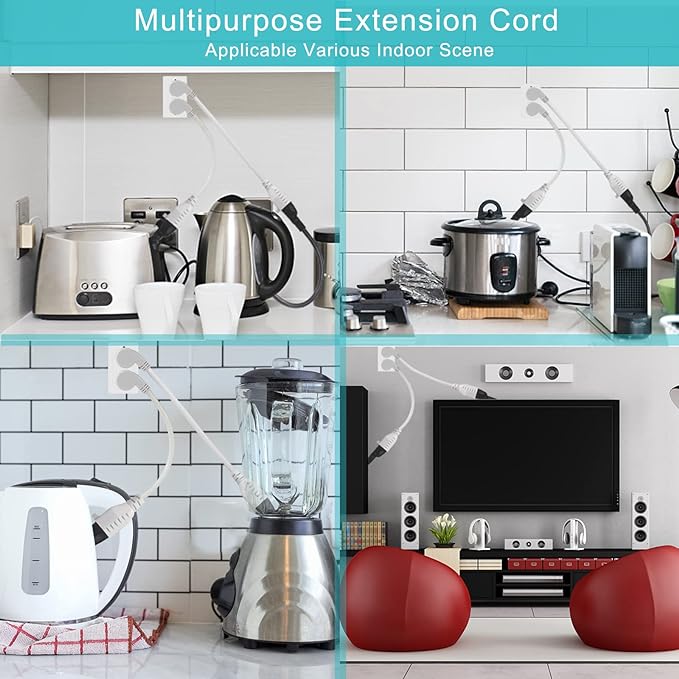 Short Power Extension Cord 1FT - Right Angle Flat Head Extension Cord with 3 Prong White Low Profile Flat Plug 3 Prong Power Cable Single Grounded SJT 16AWG Flexible Power Cord (3 Pack)