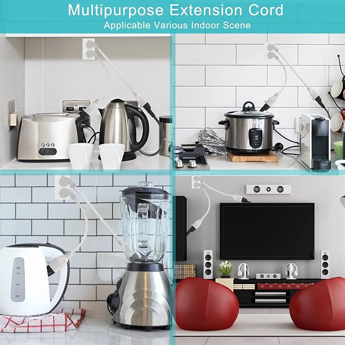 Short Power Extension Cord 1FT - Right Angle Flat Head Extension Cord with 3 Prong White Low Profile Flat Plug 3 Prong Power Cable Single Grounded SJT 16AWG Flexible Power Cord (1 PACK)