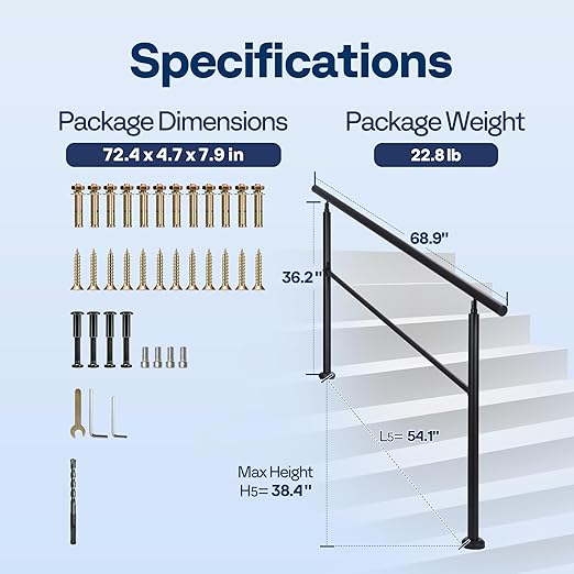 VIVOHOME 2-Pack 5 Step Hand Rails for Outdoor Steps, Galvanized Steel Railing, Black Round Exterior Handrails for Porch, Deck, or Indoor Stairs, Complete Installation Kit