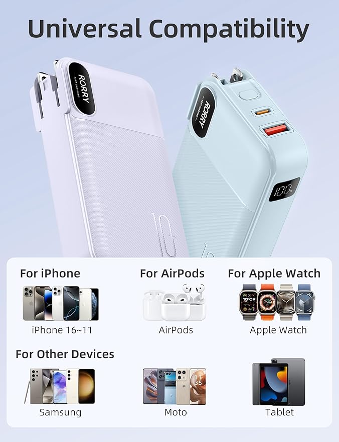 RORRY Portable Charger Built in Cables, AC Wall Plug in Portable Charger Power Bank 10000mAh Travel Battery Pack 22.5W Fast Charging for iPhone 16/15/14 Samsung Galaxy S24/S23 Pixel LG iPad, Purple