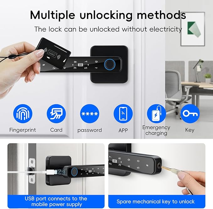 Smart Door Knob with Key & Keypad, Bluetooth Keyless Entry, Biometric Fingerprint Door Lock - Privacy & Passage Doorknob Functions for Home, Bedroom, Office, and Apartment
