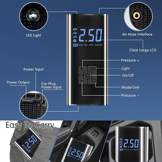 Kairiyard Tire Inflator Portable Air Compressor, 150 PSI Rechargeable Auto Air Pump for Car Tires 12V DC Electric Cordless Tire Pump with Digital Pressure Gauge for Car Motorcycle Bike Ball