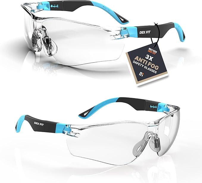 DEX FIT Safety Glasses SG210, Z87 Eye Protection, 3X Anti-Fog & Scratch Resistant, Adjustable for Women and Men, UV Protection (Black & Blue Frame, Clear Lens)