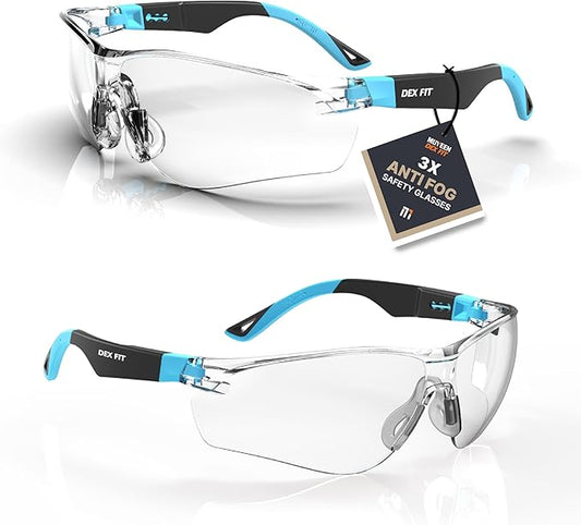 DEX FIT Safety Glasses SG210, Z87 Eye Protection, 3X Anti-Fog & Scratch Resistant, Adjustable for Women and Men, UV Protection (Black & Blue Frame, Clear Lens)