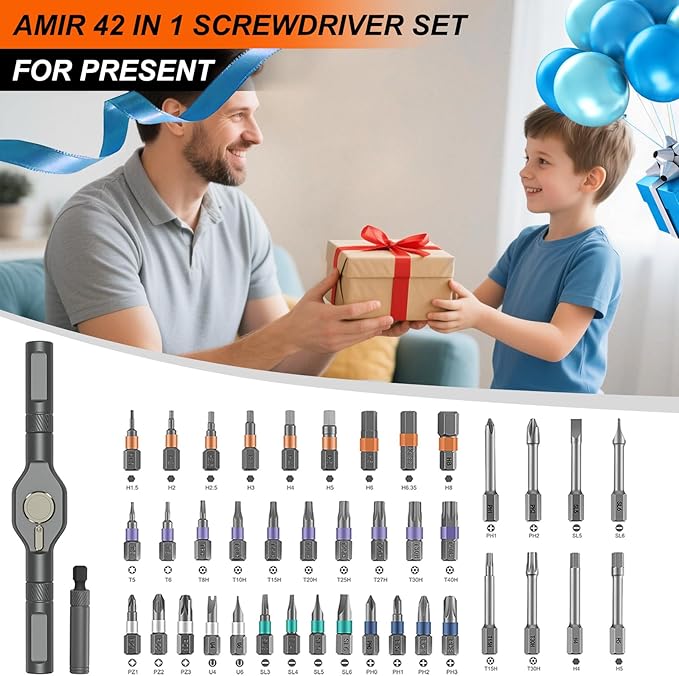 AMIR 42 in 1 Magnetic Screwdriver Set, Handle Ratchet Screwdriver Set Magnetic with 40 PCS Bits, Precision Repair Tool Kit for Tools Home Improvement Computer Bicycle