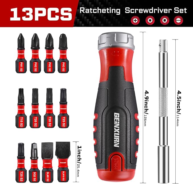 Mini Changeable Head Manual Screwdriver Holder Set, 12-in-1 Multi-bit Magnetic Screwdriver Quick-Load Mechanism, with 12pcs S2 Steel Phillips/Slotted/Torx/Square Bits