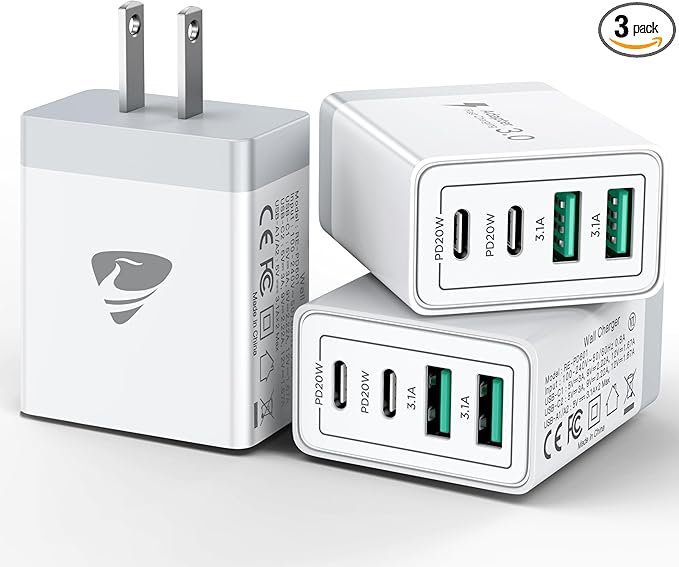 USB C Wall Charger Block 3-Pack, Aiminu 40W 4-Port PD Power Delivery Fast Type C Charging Block Plug Adapter for iPhone 15 14 13 12 11 Pro Max, XS/XR/X, iPad, Android Phones Charger Cube