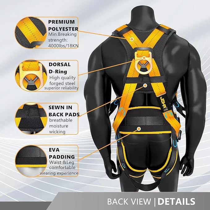 Fall Protection Full-Body Safety Harness, Roofing Harness Kit Men Construction Harness,5 Heavy Duty D-rings&Upgrade 4 Quick Buckles(OSHA/ANSI)