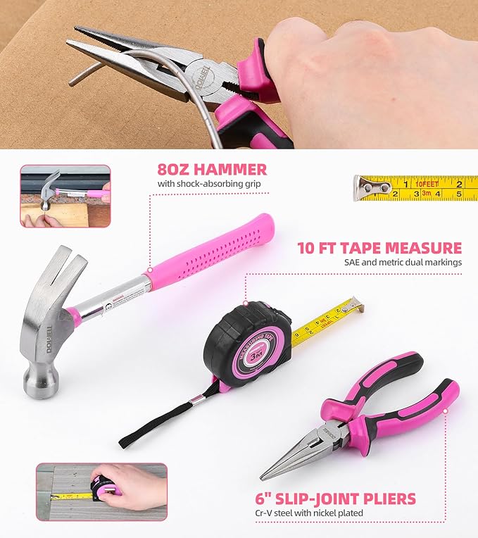 DOWELL 116Pcs Pink Tool Kit with 3.6V USB Cordless Screwdriver, Small Drill Set for Women, Girls