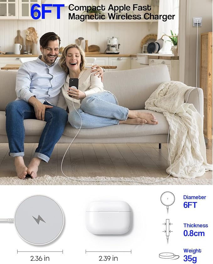 Magnetic Wireless Charger Apple Mag-safe Charger 6FT Apple Wireless Charging iPhone 16 Magnetic Charging Pad with Fast Charging USB C Block for iPhone 16/15/14/13/12 Pro Max/Pro/Plus/AirPods 3/2/Pro 2