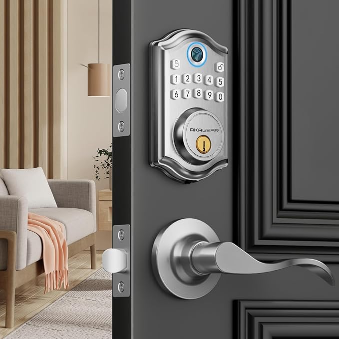 DS10 Keyless Entry Door Lock with 2 Lever Handle, Fingerprint, Keypad Code, 2 Keys, Smart Locks for Front Door, Bedroom, One-time Code, Auto-Lock, Easy Installation