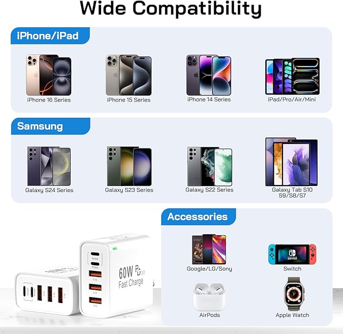 2Pack USB C Fast Charger Block, 60W 5-Port USB C Wall Charger 30W Type C Charging Block, 2USB C+3USB A PPS/PD 3.0 Multiport Charging Cube for iPhone 16 15 14 13 Pro Max,for Galaxy S25 S24 Ultra, i Pad