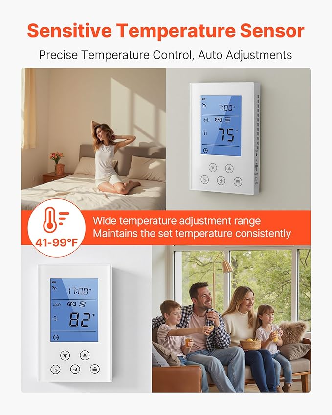 VEVOR 7-Day Programmable Thermostat, Home Thermostats for Radiant Underfloor Heating Cable,Heat Pump, Built-in GFCI & Sensitive Sensor, LED Screen with Backlight,Energy-Efficient,White