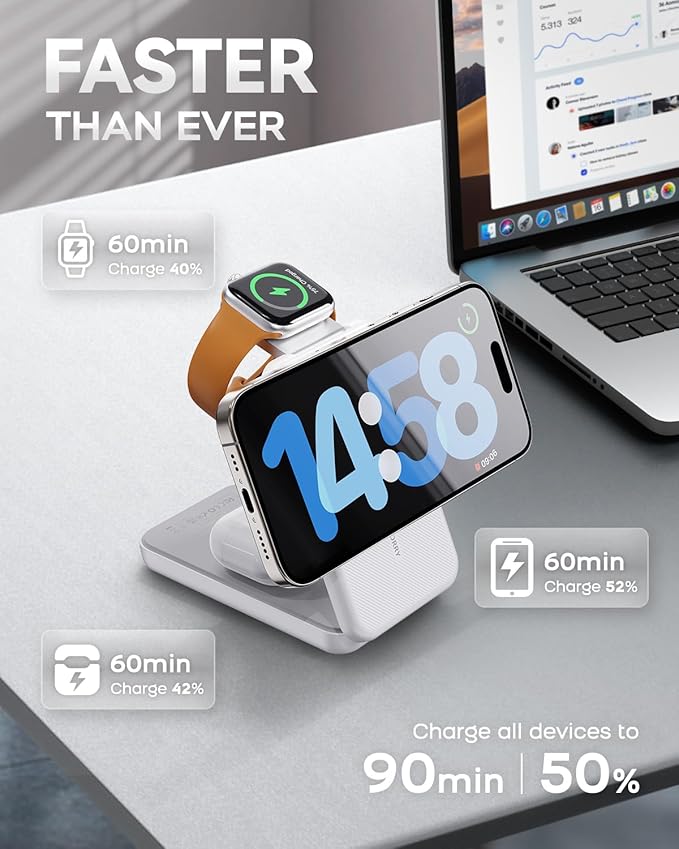 RORRY Portable Charger, 3-in-1 Charging Station 10000mAh Portable Charger Power Bank for MagSafe Foldable Battery Pack Travel for iPhone 16/15/14/13/12, for Apple Watch 10/9/8/7/6/5/Ultra/2, White