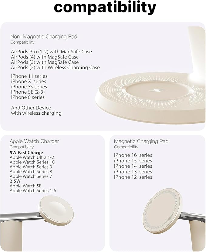 3 in 1 Wireless Charging Station for Apple Device: Fast Charging Station for iPhone and Watch with MagSafe, Stable Charger Stand for iPhone 12-16 & iWatch & AirPods