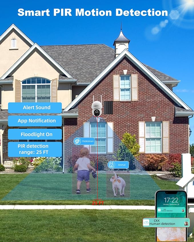 CKK 2.5K Solar Security Cameras Wireless Outdoor,Family Safety System,4 Cameras Kit with Full Color Night Vision,360° View,2.4Ghz WiFi Camera,2-Way Audio,Spotlight,128G Local Storage,No Monthly Fee