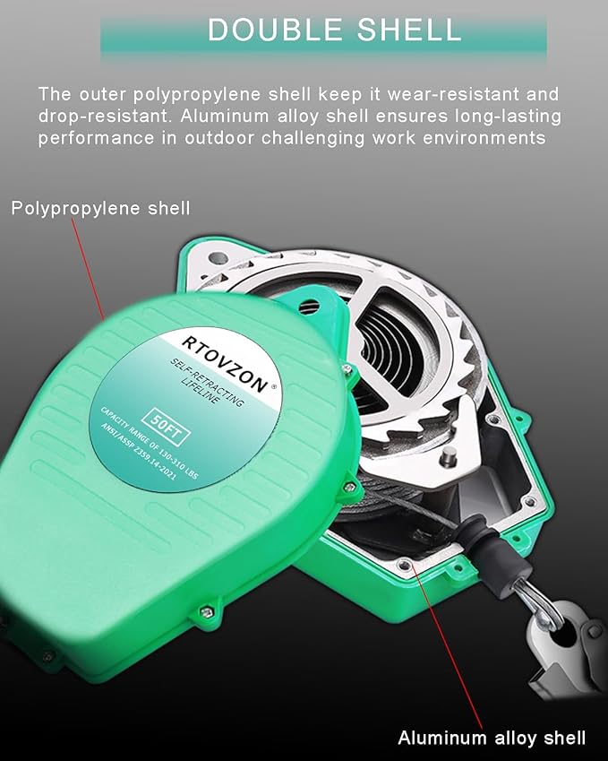 50FT Self Retracting Lifeline Fall Arrest RTOVZON Fall Protection Steel Wire Rope Heavy Duty Retractable Lanyard, Safety Lanyard, Roofing Lifeline, SRL