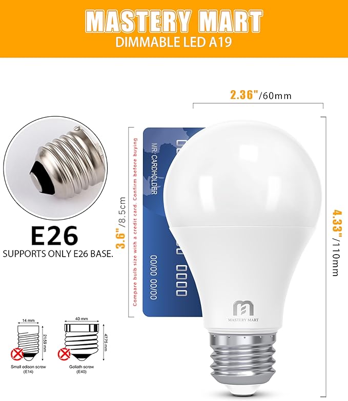 MASTERY MART Led Light Bulbs 9.5 Watt [60 Watt Equivalent], A19 - E26 Dimmable, 2700K Soft White, 800 Lumens, Medium Screw Base, Energy Star, UL Listed (Pack of 10)