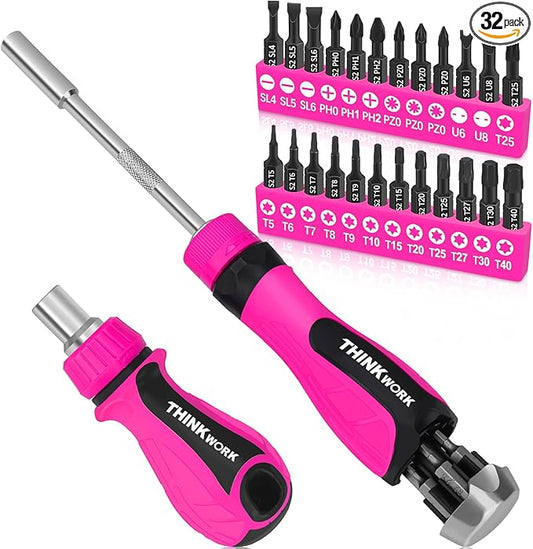 32-in-1 Ratcheting Screwdriver Set, 90&240mm Ergonomic Cushion Grip Handles, Includes Torx, Phillips, U-shape, Pozi, Slotted, Hex Bit Set for Women Men DIY Office & Home Repair, 32PCS Hand Tools Kit