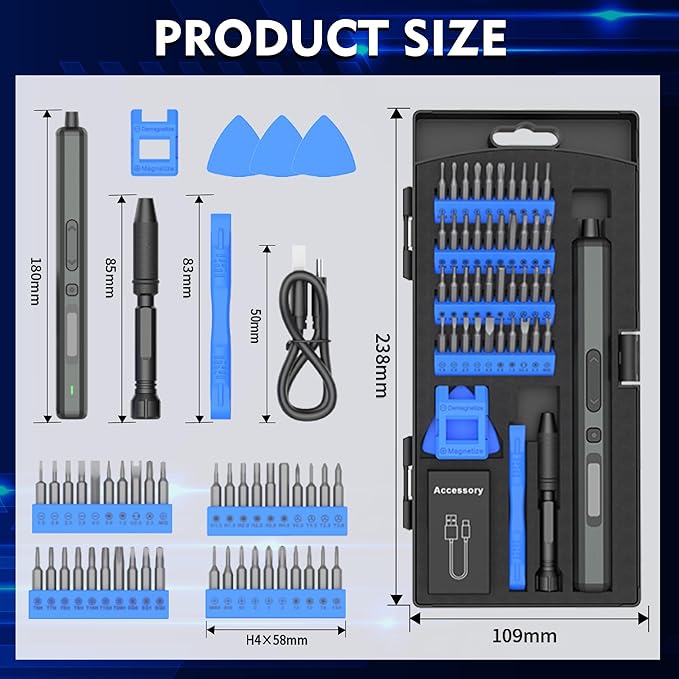 Blue Mini Electric Screwdriver - 50 in 1 Electric Screwdriver Kit Aluminum Square Handle with 3 LED Lights, Speed Adjustment, Hand Power Switch, Strong Magnetic Bits for Electronics Repair