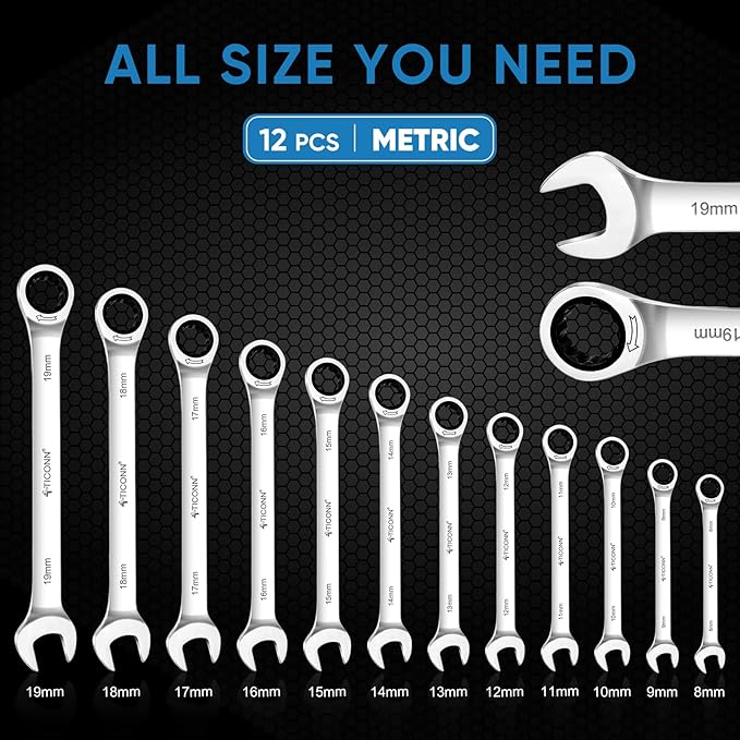 TICONN Ratcheting Wrench, Professional Slim Profile Mechanic Cr-V Ratchet Wrench 17mm (Metric)