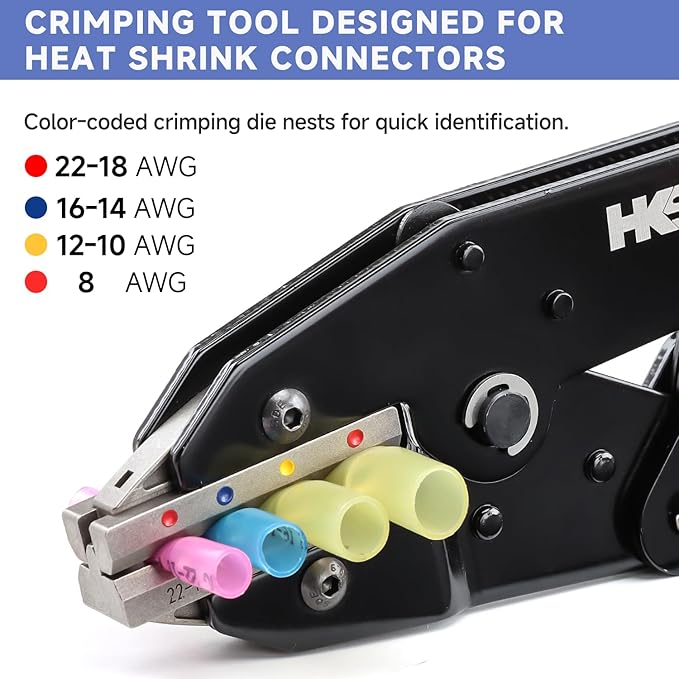 HKS Crimping Tool For Heat Shrink Connectors - Ratcheting Wire Crimpers - AWG 22-8 (0.5-8.0mm²) - Ratchet Terminal Crimper - Electrical Crimping Tool
