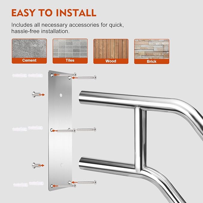 2025 Upgrade Handrails for Outdoor Steps Wall Mount Handrail, 304 Stainless Steel 1 to 3 Steps Stairs Anti-Slip Hand Rail, Deck Wall Mounted Grab Bars Suitable for Indoor, Garage, Porch, Garden